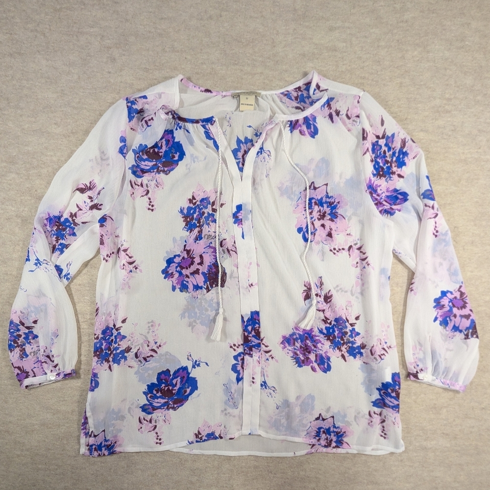 Lucky Brand Sheer White Flowy Purple Floral Top Blouse Tassles Boho Pretty Med